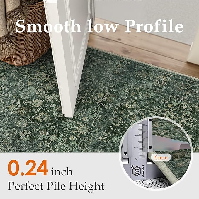HUGEAR 2x8 Runner Rug Machine Washable Dark Green Hallway Area Rug Indoor Floral Low Pile Carpet Soft Throw Rugs Bedroom Living Room Office Dining Kitchen Laundry Non Slip