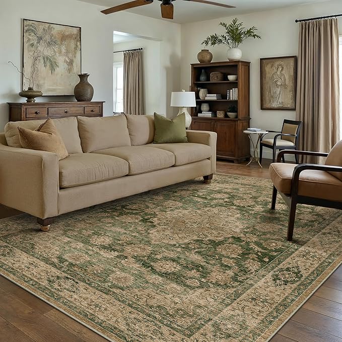 HUGEAR Retro Green Area Rug 8x10 Machine Washable Living Room Rugs Distressed Vintage Floral Low Pile Carpet Bedroom Office Dining Room Laundry Room Non Slip Soft Lightweight