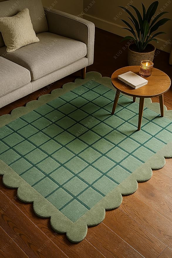 Mint Green Scalloped Edge Wool Area Rug with Checker Grid Design, Hand-Tufted Soft Carpet for Living Room, Bedroom, Nursery, Kids & Playroom Décor - 3x6 Ft