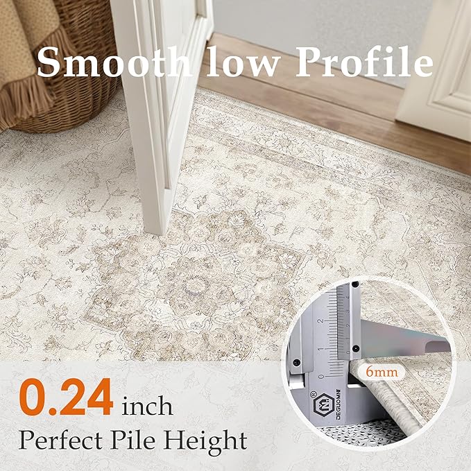 Beige Area Rug 2x3 Washable Vintage Small Carpet for Entryway Kitchen Soft Retro Low Pile Thin Door Mat Non Slip Oriental Medallion Throw Rug for Bathroom Office Bedroom Dining Room