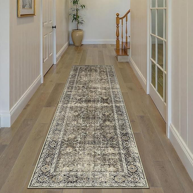 Brown Runner Rug 3x7 Vintage Area Carpet Hallway Long Indoor Kitchen Washable Living Room Low Pile Traditional Distressed Retro Accent Throw Rug Non Slip Laundry Bathroom Office Dining Room