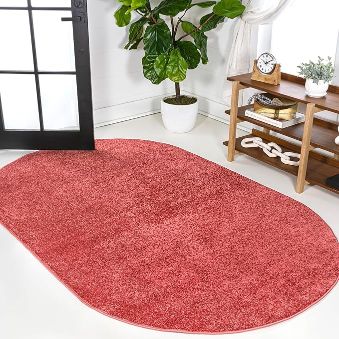 Eyely UES100E-4OV Haze Solid Low-Pile Red 4 ft. x 6 ft. Oval Area Rug, Pet Friendly, Stain Resistant, Easy Cleaning, for Bedroom, Living Room, Kitchen