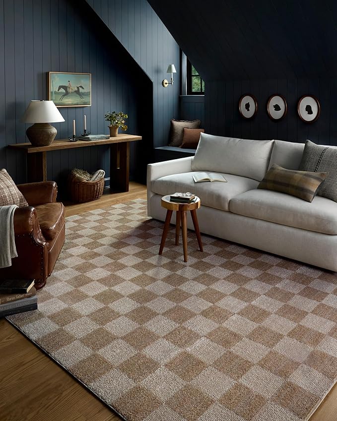 Loloi Chris Loves Julia Calvin Collection CLV-01 Pebble/Ivory 3'-6" x 5'-6" Accent Rug Checkered Neutral Soft Living Room Bedroom Carpet
