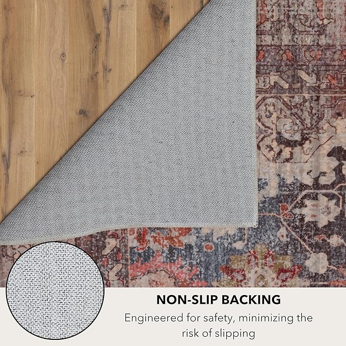 Kuden 9x12 Large Area Rug, Machine Washable Area Rug with Non-Slip Backing, Vintage Style, Soft, Easy Clean, Low Pile Rug for Living Room, Bedroom, Dining Room