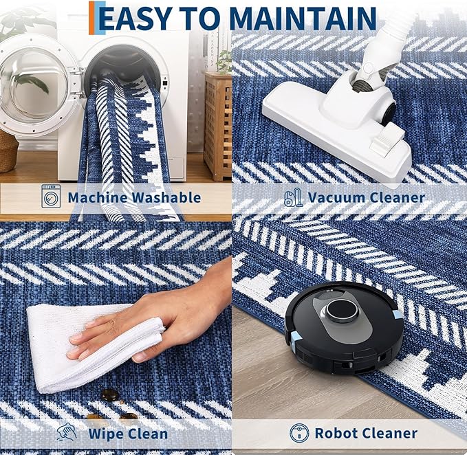 Bordered Printed 10x13 Washable Area Rugs for Living Room Modern Non Slip Foldable Soft Indoor Carpet Geometric Stain Resistant Dining Room Bedroom Large Indoor Rugs, Blue