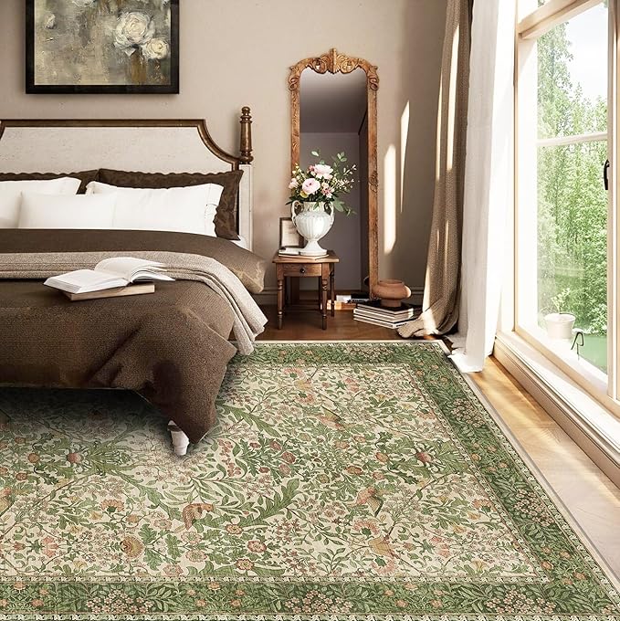 6x9 Floral Washable Area Rug for Living Room, Vintage Boho Rugs for Bedroom Dining Room, Botanical Birds Non Slip Low Pile Forest Throw Carpet for Farmhouse Office, Retro Pink/Green