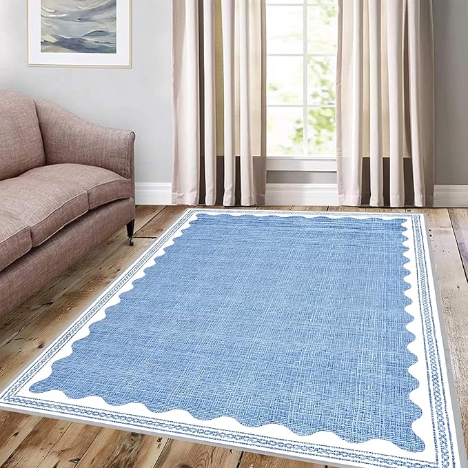 Scalloped Rug 5x7 Solid Blue Washable Non-Slip Rug for Living Room Modern Aesthetic Rugs for Bedroom Kitchen Dining Indoor Entry Entrance Floor