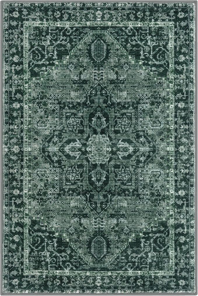KOZYFLY Boho Area Rug 6x9 Ft Thin Washable Rugs for Bedroom and Living Room Faux Wool Printed Throw Carpet Non Slip Rug for Entryway Kitchen Dining Room, Dark Green