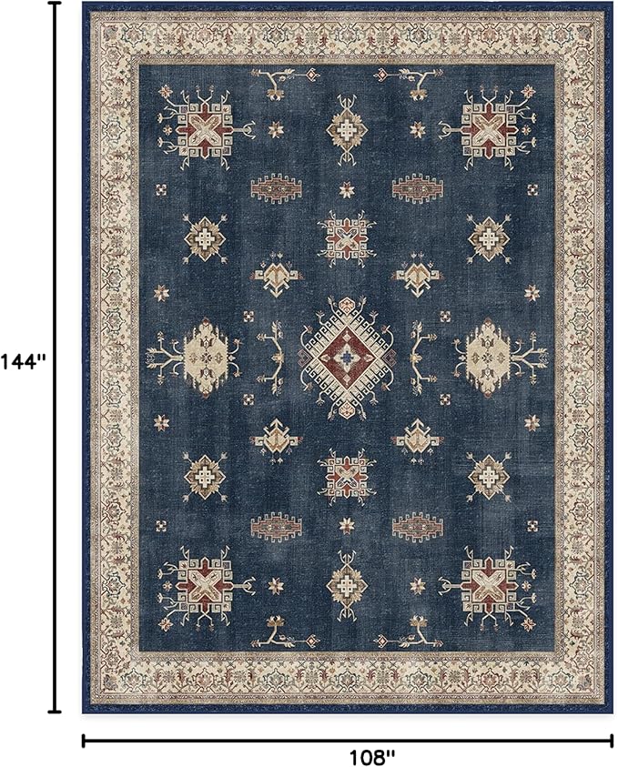 RUGGABLE Washable Vintage Area Rug – Verena Sapphire 9x12, Stain-Resistant, Non-Slip – Large Machine Washable Rugs for Living Room, Bedroom, Hallway, Entryway & Office–with Cushioned Pad