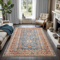 GLN Rugs Traditional Collection - Machine Washable Area Rug, Traditional Washable, Non Slip, Low Pile Chenille Rug, Living Room, Bedroom, Kitchen Rug (8' x 10' Terra/Slate Blue)