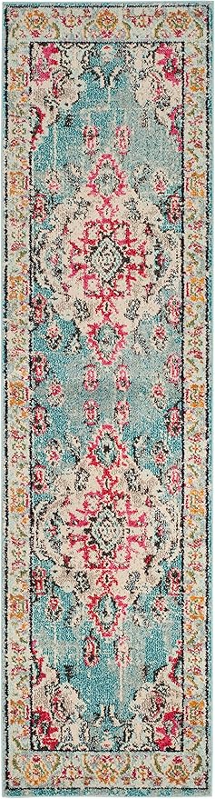 SAFAVIEH Monaco Collection Runner Rug - 2'2" x 16', Light Blue & Fuchsia, Medallion Distressed Design, Non-Shedding & Easy Care, Ideal for High Traffic Areas in Living Room, Bedroom (MNC243J)