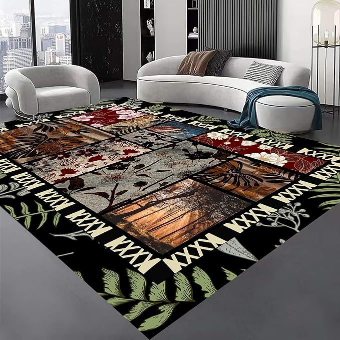 Vintage Jungle Floral Area Rug 5x7ft, Tropical Leaf Print Low Pile Carpet, Washable Non-Slip & Soft Mat for Bedroom, Living Room, Dining Room, Playroom