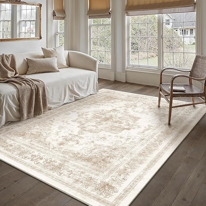 Area Rug 5x7 Cream Washable Living Room Beige Carpet Non Slip Vintage Medallion Low Pile Soft Indoor Bedroom Retro Distressed Indoor Rug for Kitchen Home Office Laundry Dining Room