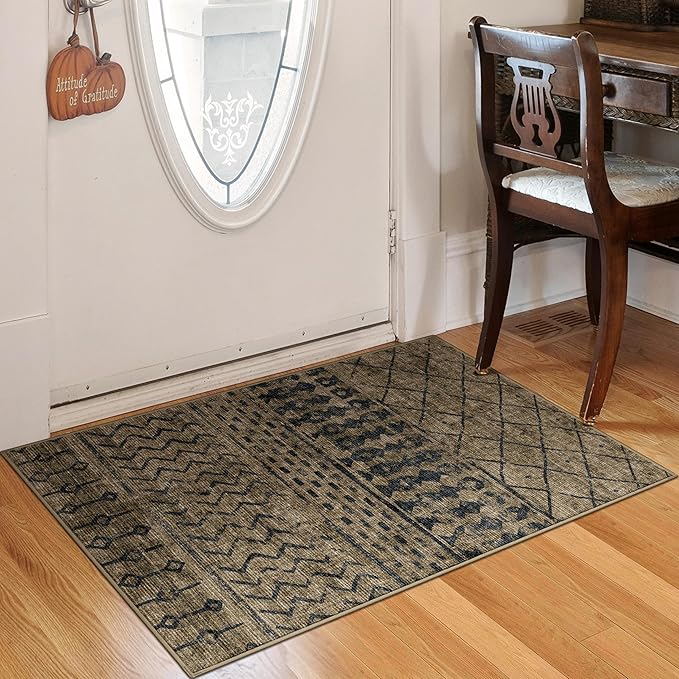 2x3 Machine Washable Area Rug for Entryway, Brown Black Vintage Moroccan Rug Non-Slip Low Pile Soft Faux Wool Small Carpet, Kids and Pets Friendly for Bedroom Kitchen Hallway Bedside Home Decor Rug