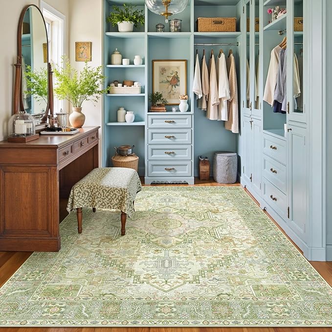 Kokia 6x9 Washable Sage Green Area Rugs with Vintage Orient Design Soft Rug for Living Room or Home Office Non-Slip Low Pile Stain Resistance Features Distressed Medallion Pattern