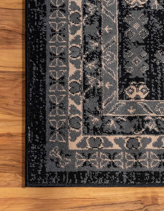 Unique Loom Taftan Collection Border Geometric Tribal Inspired Design Area Rug (2' 11 x 16' 5 Runner, Black/ Gray)