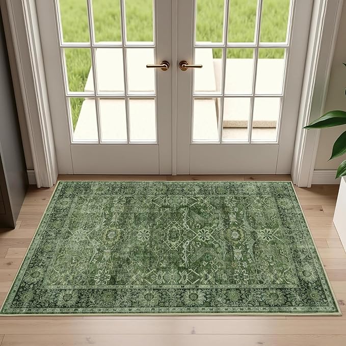 2x3 Entryway Rug Green Washable Vintage Rugs for Entryway Kitchen Low Pile Non-Slip Door Mat Traditional Distressed Small Throw Area Rugs for Kitchen Entrance Bathroom Green