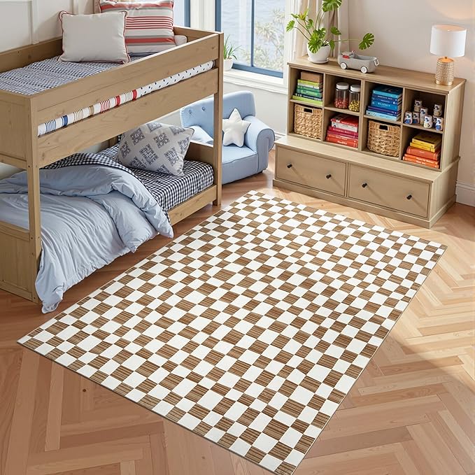 jinchan 5x7 Brown Checkered Area Rugs for Kids Room - Machine Washable Rug Modern Neutral Geometric Lattice Soft Non-Slip Carpet for Nursery Playroom Classroom Living Room Bedroom Home Office