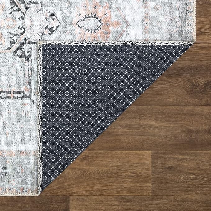 Bloom Rugs Washable Non-Slip 6' x 9' Rug - Gray/Coral Pink Traditional Area Rug for Living Room, Bedroom, Dining Room, and Kitchen - Exact Size: 6' x 9'