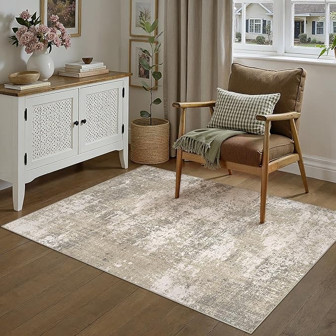 Beige Area Rug 3x5 Machine Washable Modern Abstract Office Carpet Neutral Non Slip Indoor Entry Low Pile Soft Non Shedding Small Mat Bedroom Throw Rug for Kitchen Laundry Dining Room