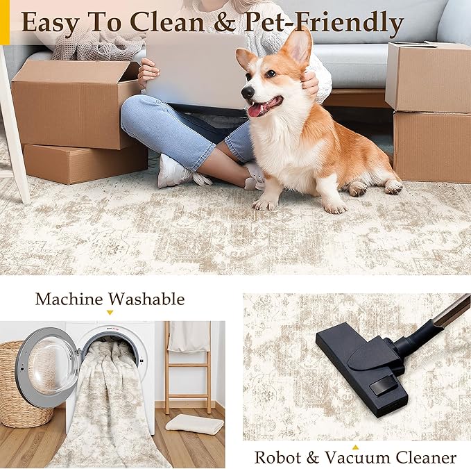 Area Rug 5x7 Cream Washable Living Room Beige Carpet Non Slip Vintage Medallion Low Pile Soft Indoor Bedroom Retro Distressed Indoor Rug for Kitchen Home Office Laundry Dining Room