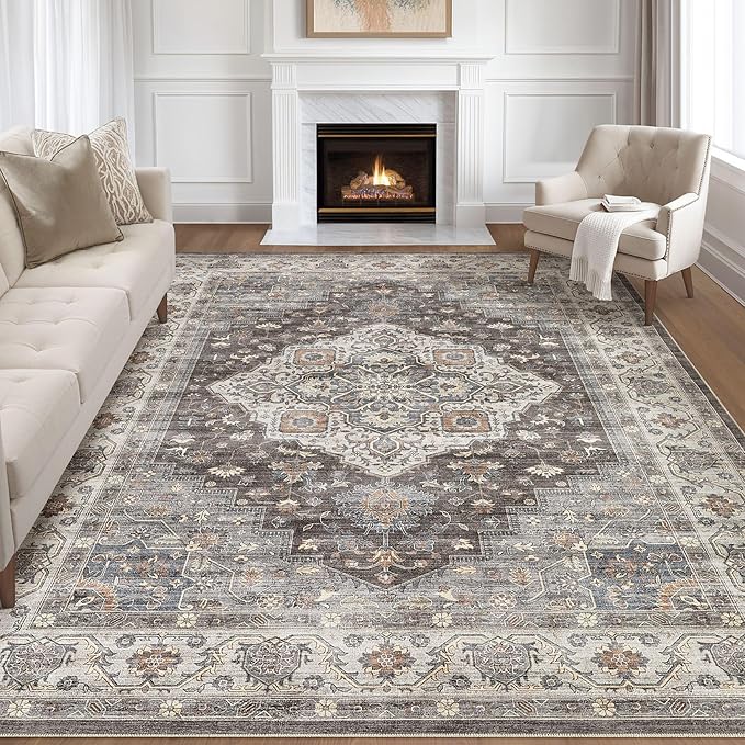 8x10 Area Rugs Living Room: Washable Boho Large Neutral Vintage Soft Rug Stain Resistant Farmhouse Non-Slip Indoor Floor Carpet for Bedroom Nursery Kids Office Dining Room Playroom- Grey Brown
