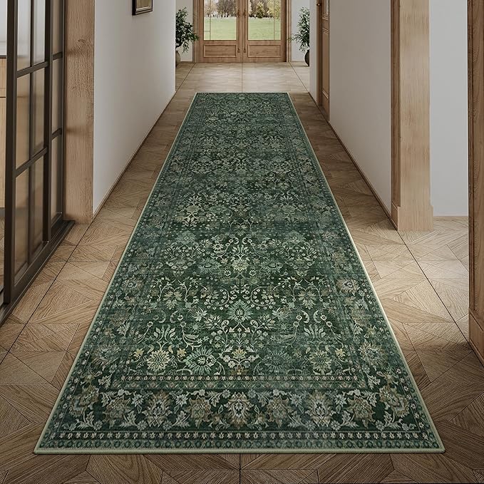 HUGEAR 2x8 Runner Rug Machine Washable Dark Green Hallway Area Rug Indoor Floral Low Pile Carpet Soft Throw Rugs Bedroom Living Room Office Dining Kitchen Laundry Non Slip