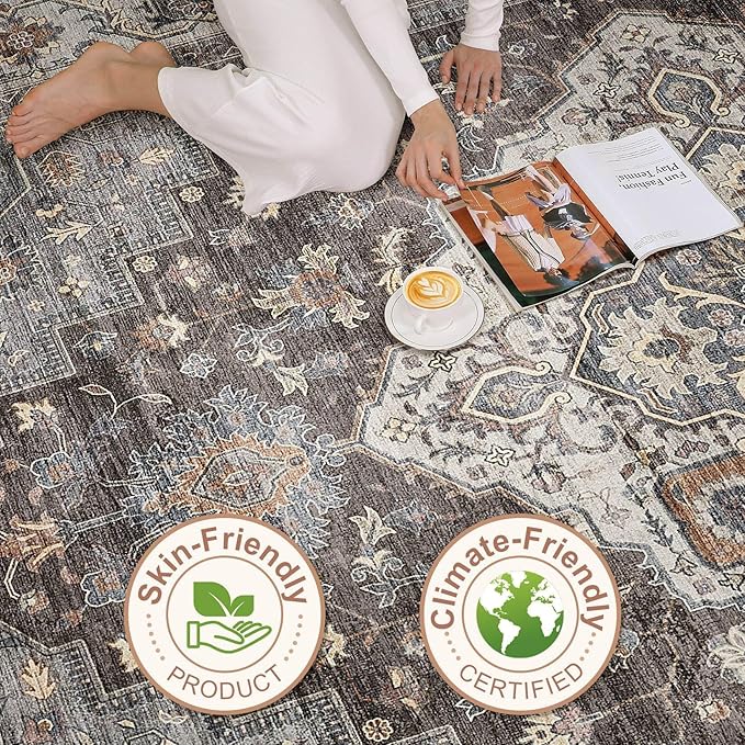9x12 Area Rug Living Room: Washable Boho Large Neutral Vintage Soft Rugs Stain Resistant Farmhouse Non-Slip Indoor Floor Carpet for Bedroom Nursery Kids Office Dining Room Playroom- Grey Brown