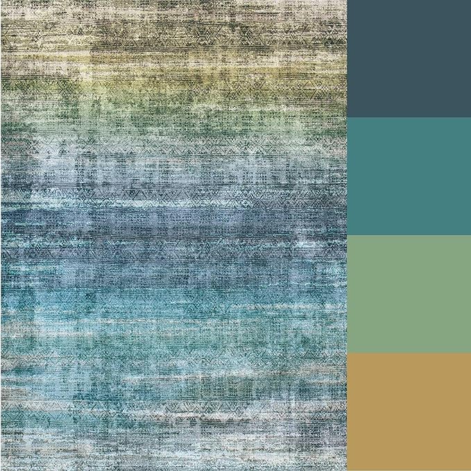 Kokia Abstract Area Rugs 6x9 Boho Washable Distressed Retro Indoor Floor Rug Multicolor Low Pile Non-Slip Non-Shedding Blue Carpet Bedroom Living Room Dining Room, Oslo Teal