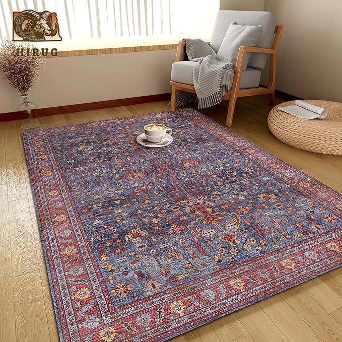 Washable Area Rug 3' x 5 ' Vintage Traditional Persian Mat - Foldable Distressed Non-Slip Machine Washable Carpet for Living Room Bedroom Kitchen Home Decor - Indigo and Crimson