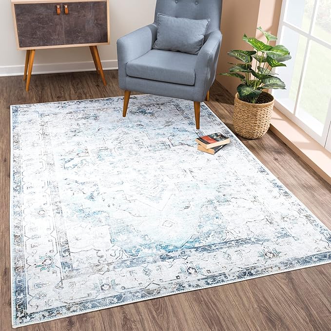 Bloom Rugs Washable Non-Slip 6' x 9' Rug - Beige/Blue Traditional Area Rug for Living Room, Bedroom, Dining Room, and Kitchen - Exact Size: 6' x 9'