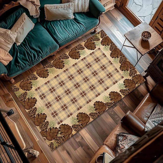Cabin Pine Cones Area Rug 5x8ft for Living Room, Brown Buffalo Plaid Indoor Anti-Slip Large Area Rug Rustic Style Rugs for Bedroom, Lodge Living Rugs With Pine Cones, Throw Area Rug for Farmhouse