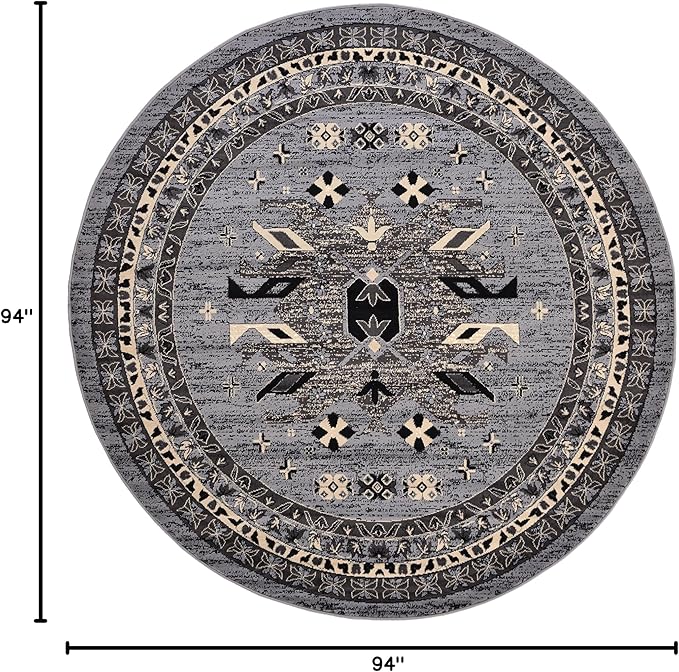 Unique Loom Taftan Collection Border Geometric Tribal Inspired Design Area Rug (8' 0 x 8' 0 Round, Gray/ Black)