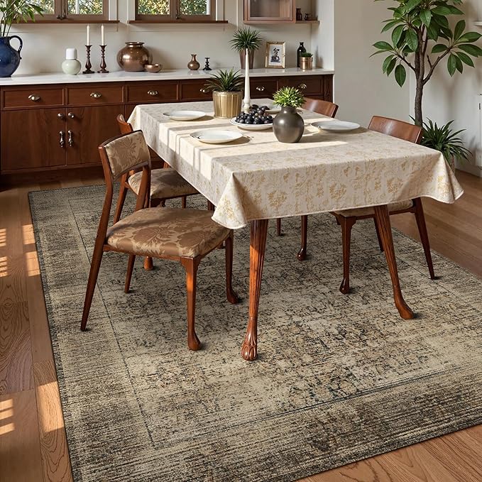 Washable Area Rug 8' x 10' Vintage Traditional Persian Mat - Foldable Distressed Non-Slip Machine Washable Carpet for Living Room Bedroom Kitchen Home Decor - Mocha and Taupe