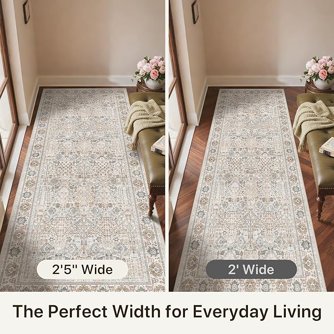 Bavni 2'6''x6 Rug Runners for Hallways, Washable Runner Rug Non Slip, Vintage Floral Print Style Rugs for Bedroom-Lightweight Low Pile Carpet for Hallways Bathroom, Beige Gery