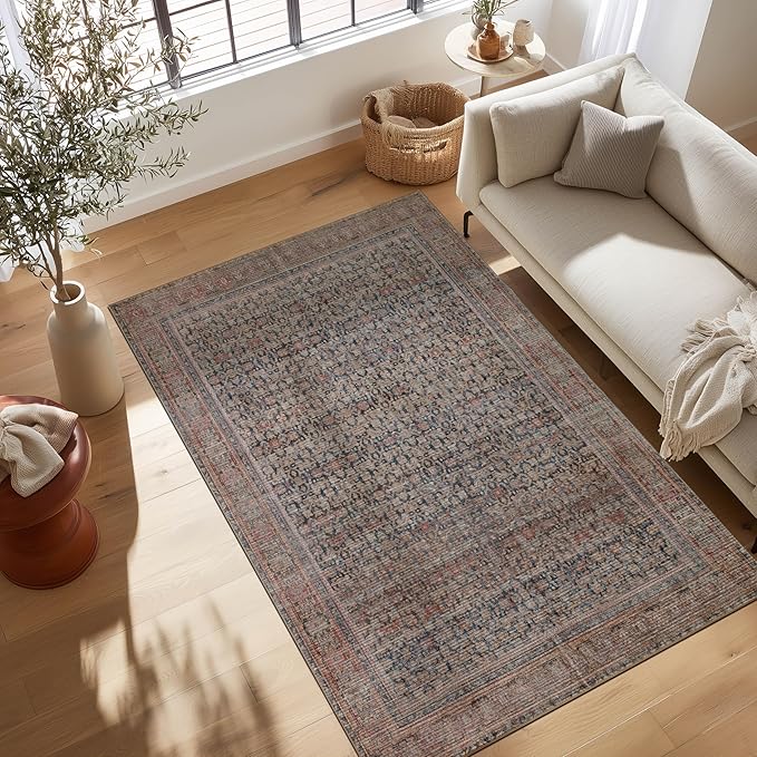 Kuden 6x9 Area Rug, Machine Washable Area Rug with Non-Slip Backing, Vintage Style, Soft, Easy Clean, Low Pile Rug for Living Room, Bedroom, Dining Room