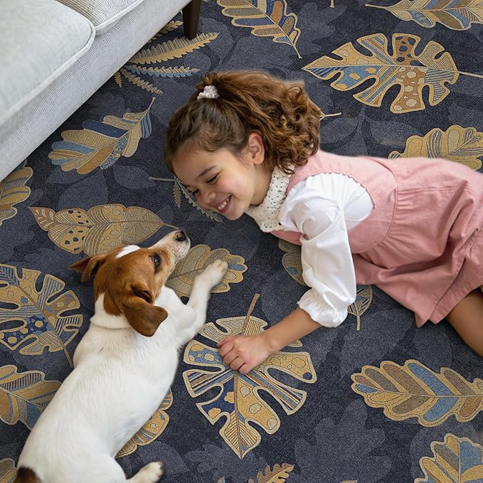 GENIMO 8x10 Area Rugs for Living Room, Machine Washable Non Slip Vintage Retro Rugs, Low Pile Soft Chenille Print Rug for Bedroom, Dining Room, Home Office, Leafy Twilight
