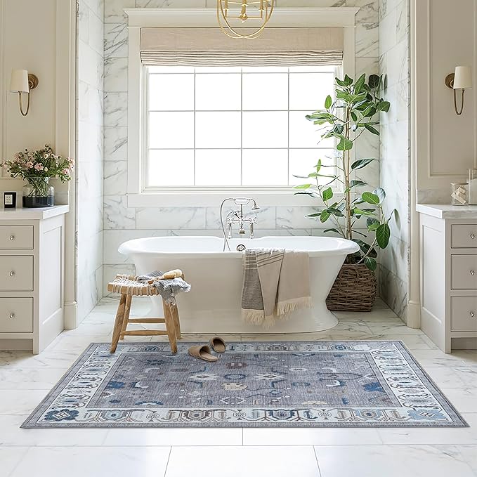 Fame Living Grey Oushak Rug, Modern, Vintage, Turkish, Eclectic, Floral, Pastel, Washable, Large Area Rugs for Living Room, Dining, Bedroom, Girls, Boys, 7'5"x9'8"