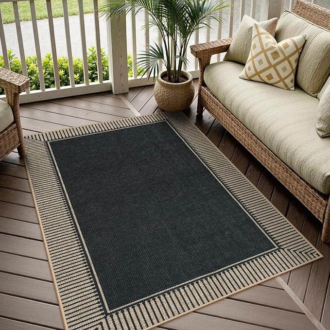 Moynesa Striped Border Easy Jute Outdoor Rug 5x7 Area Rugs for Living Room, Washable Indoor Outdoor Patio Rug Non Slip Low Pile, Black Farmhouse Carpet for Backyard Bedroom Dining Room
