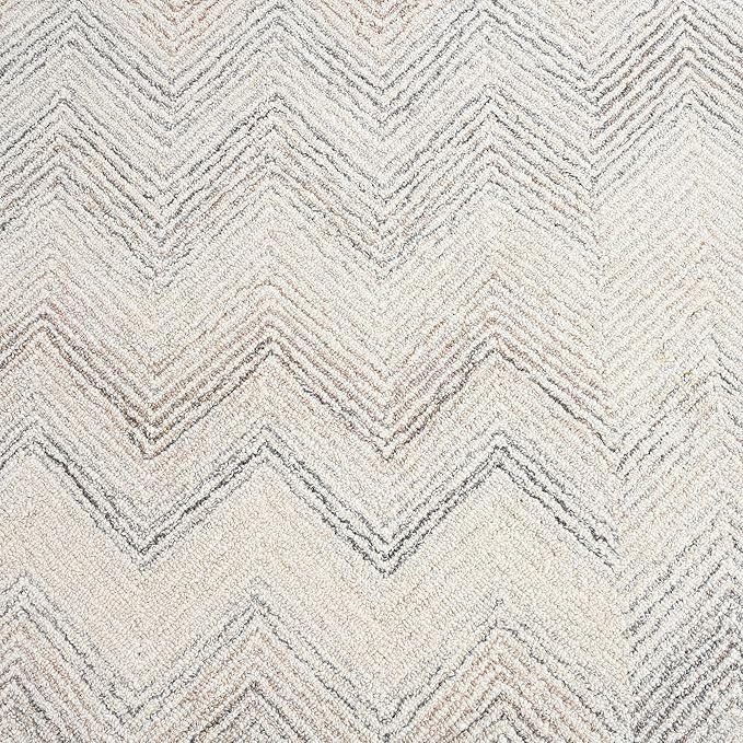 Modern Herringbone Chevron Collection Handcrafted Wool Area Rug - Durable, Zigzag Pattern, for High Traffic, Contemporary Design for Living Room, Bedroom, Dining Room Decor (Ivory-Multi, 5' round)