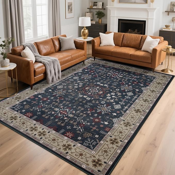6x9 Washable Blue Area Rug for Living Room Bedroom, Boho Dining Room Rugs for Under Table, Large Low Pile Non-Slip Vintage Print Carpets for Farmhouse, Office, Dorm
