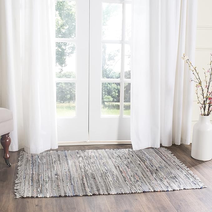 SAFAVIEH Rag Rug Collection Accent Rug - 2'3" x 5', Grey, Handmade Boho Stripe Cotton, Ideal for High Traffic Areas in Entryway, Living Room, Bedroom (RAR121A)