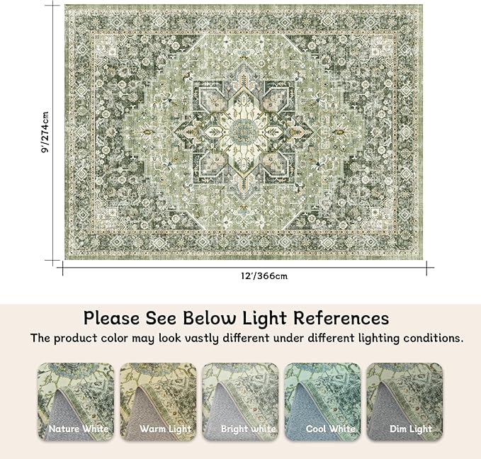 9×12 Machine Washable Rug for Living Room, Boho Vintage 9×12 Area Rug，Distressed Accent Low Pile Ultra Soft Large Carpet for Bedroom Bathroom Dining Room, Floral/Green