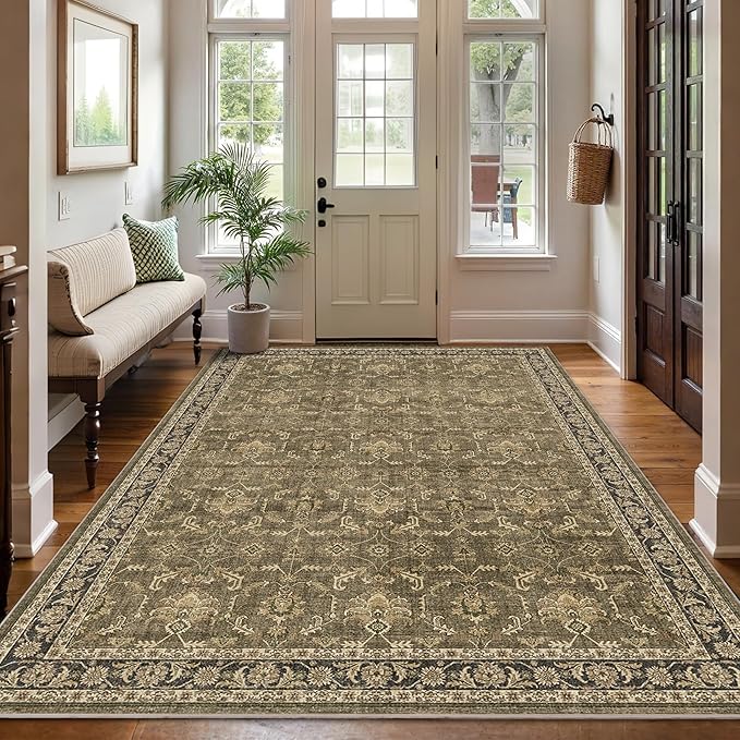Washable Area Rug 5x7 Brown Rugs for Living Room, Vintage Boho Large Rug for Bedroom Dining Room Office, Distressed Floral Print Carpet for Under Table, Soft Non Slip Low Pile Throw Carpet Indoor Mat
