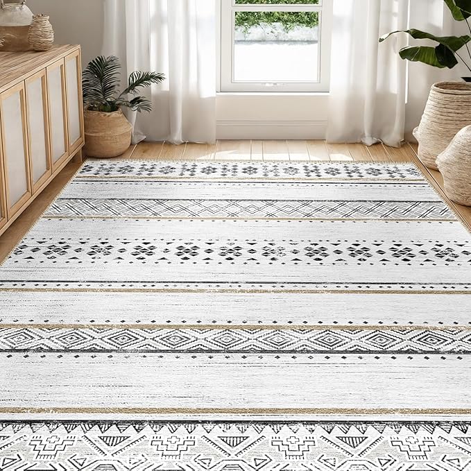 BESTSWEETIE 8x10 Area Rugs for Living Room Washable Moroccan Farmhouse Neutral Geometric Low Pile Non-Slip Soft Print Pattern Rug for Bedroom Kitchen Dining Room Entryway Black/Brown