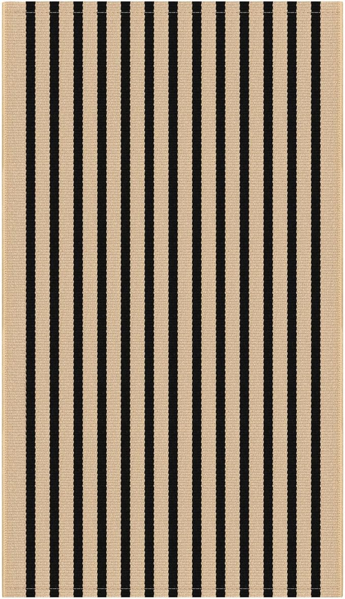 KOZYFLY 3'x5' Cotton Area Rug, Brown and Black Striped Outdoor Rug, Hand-Woven, Machine Washable, Perfect for Front Door, Kitchen, Living Room