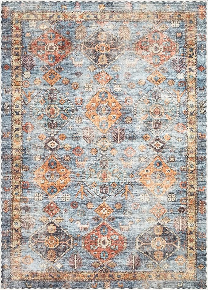 Bloom Rugs Washable Non-Slip 3' x 5' Rug - Blue/Orange Traditional Bordered Area Rug for Living Room, Bedroom, Dining Room, and Kitchen - Exact Size: 3' x 5'