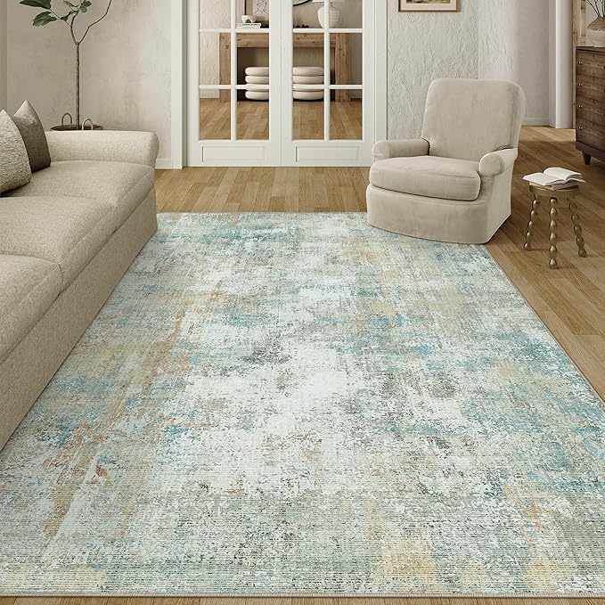 5x7 Washable Area Rug Teal Beige Abstract Living Room Bedroom Carpet Neutral Modern Non-Slip Soft Low Pile Lightweight Vacuumable Throw Rug for Dining Room Entryway