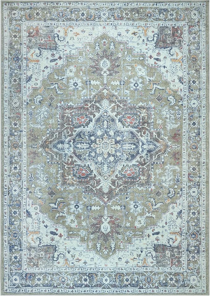 Bloom Rugs Washable Non-Slip 8' x 10' Rug - Green/Blue Traditional Medallion Area Rug for Living Room, Bedroom, Dining Room, and Kitchen - Exact Size: 8' x 10'