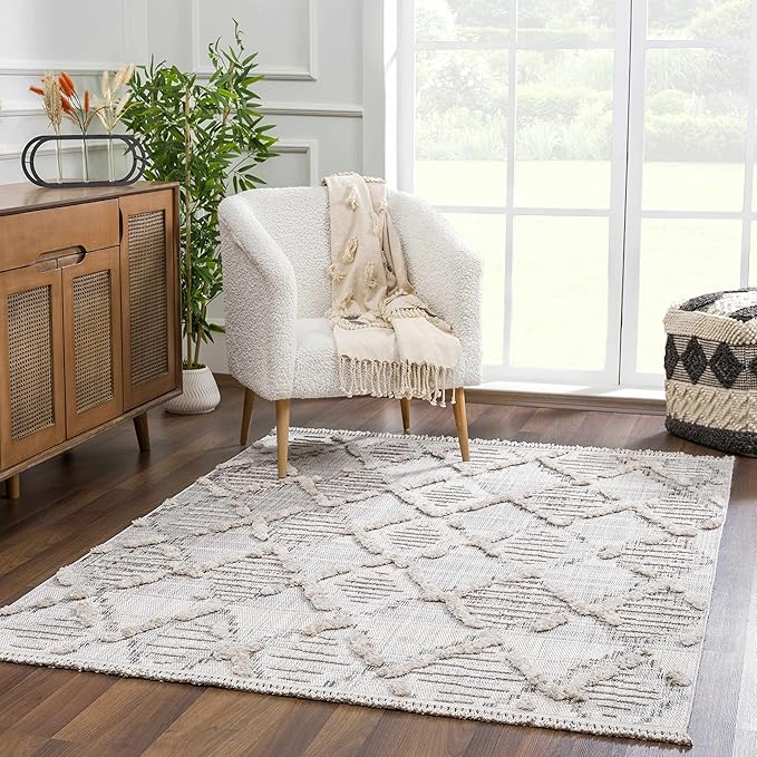 Hauteloom Bogtong Farmhouse Living Room Bedroom Moroccan Trellis Area Rug - Soft Shaggy High Low Carpet - High Pile - Bohemian, Boho - Gray, Beige, Cream - 7'10" x 10'